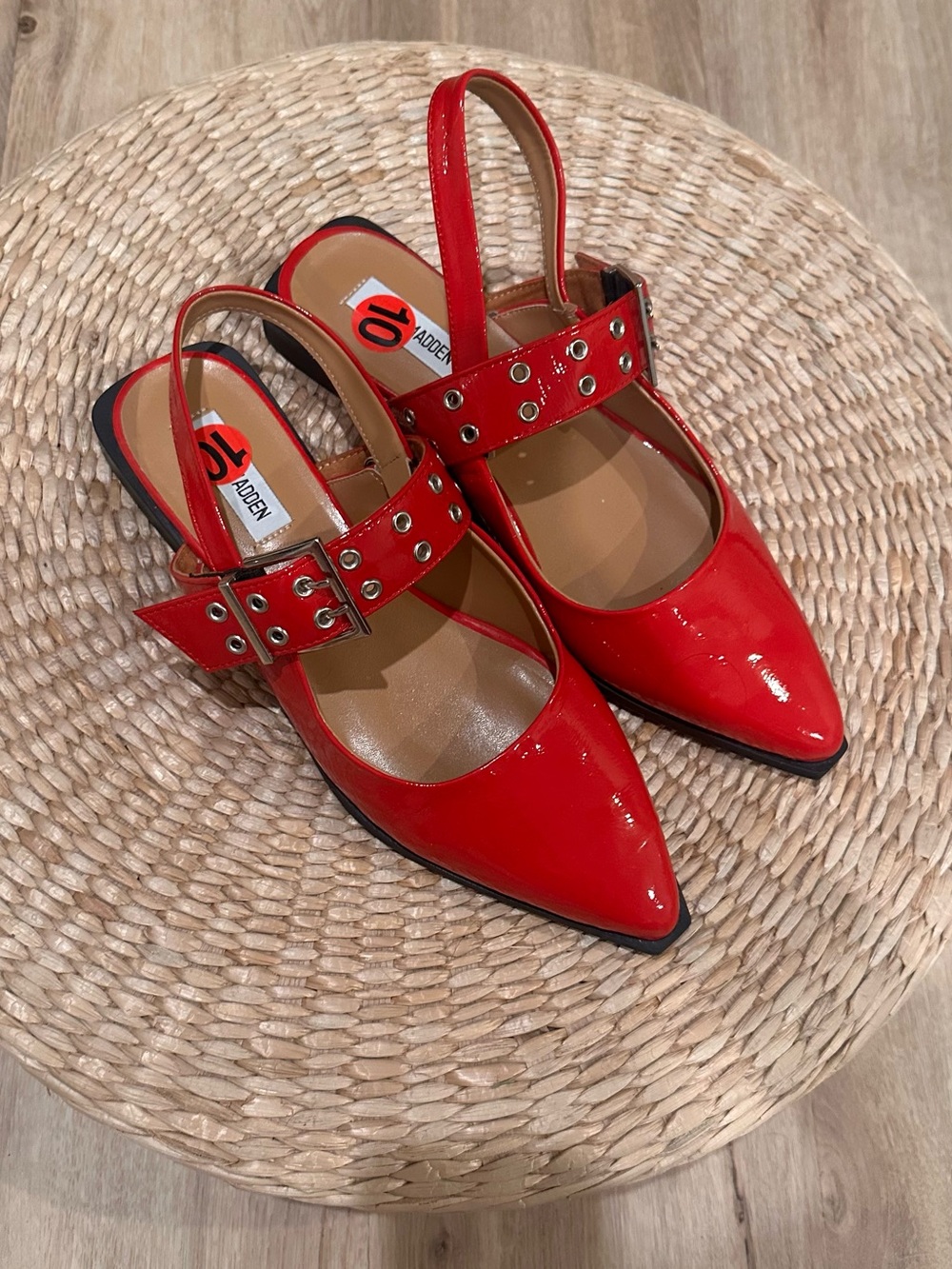 Steve Madden Red Patent Pointed Slingback Flats with Grommet Strap